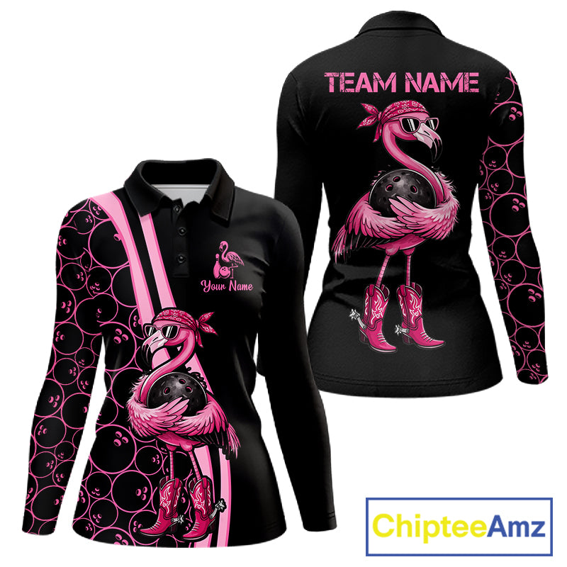 Funny Cute Pink Flamingo Custom Black & Pink Bowling Shirts For Ladies, Flamingo Bowling Team Outfits NQS11545