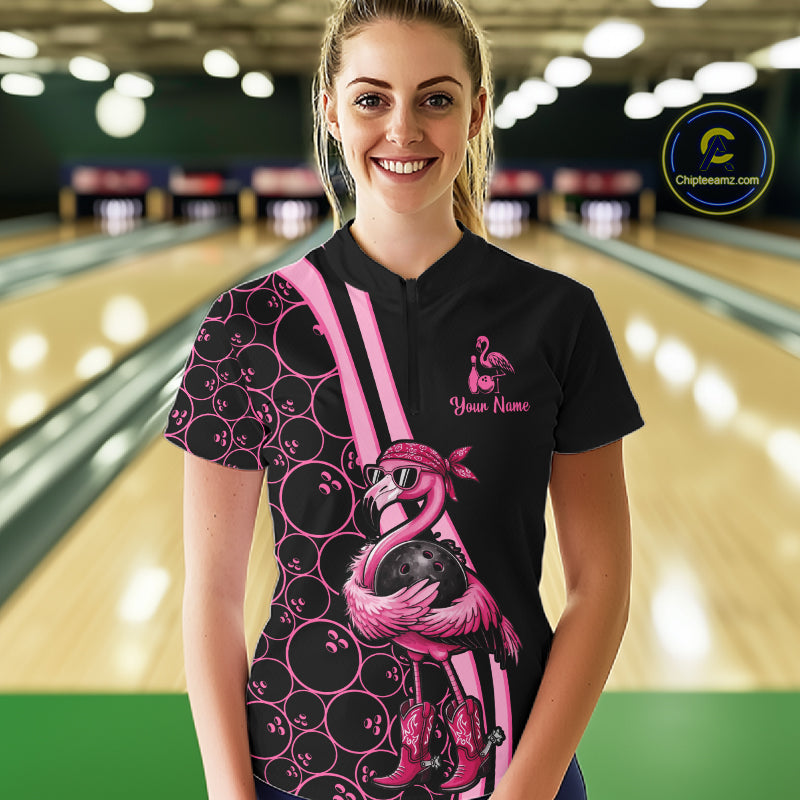 Funny Cute Pink Flamingo Custom Black & Pink Bowling Shirts For Ladies, Flamingo Bowling Team Outfits NQS11545