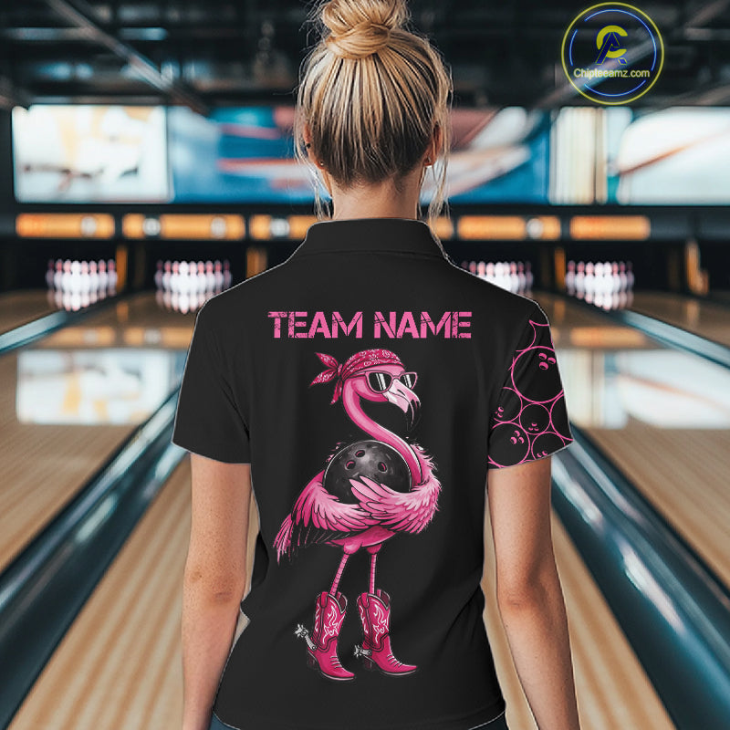 Funny Cute Pink Flamingo Custom Black & Pink Bowling Shirts For Ladies, Flamingo Bowling Team Outfits NQS11545