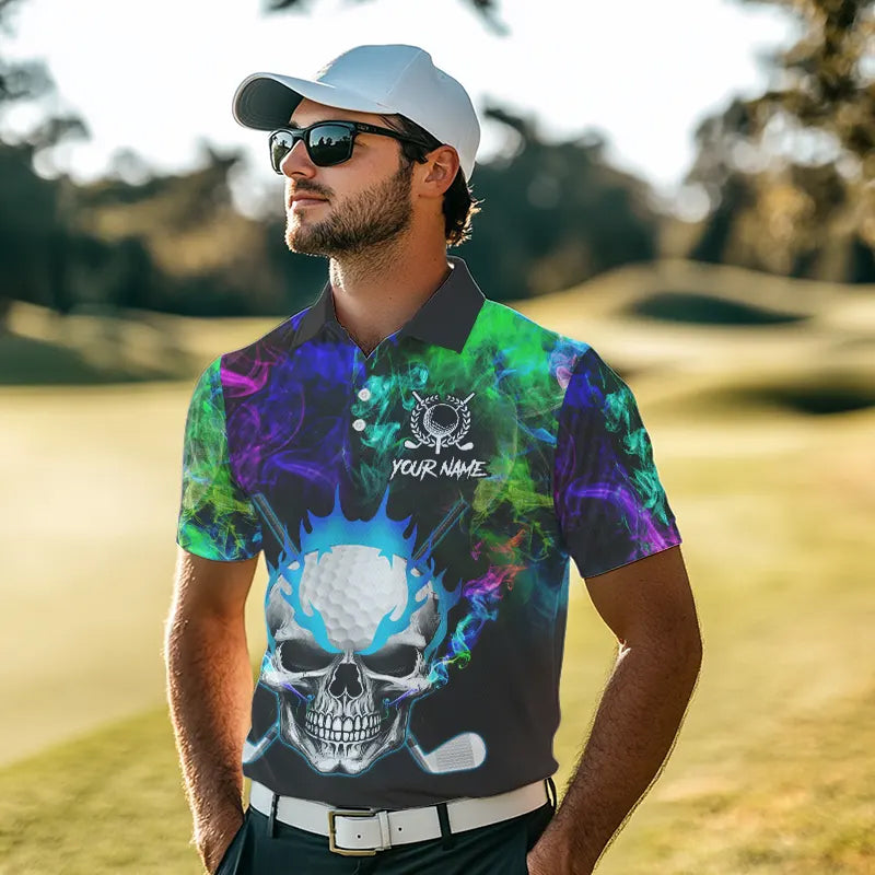 Colorful smoke Skull Golf Polo shirts for Men Custom Team Golf Jerseys, unique golf gifts NQS9610