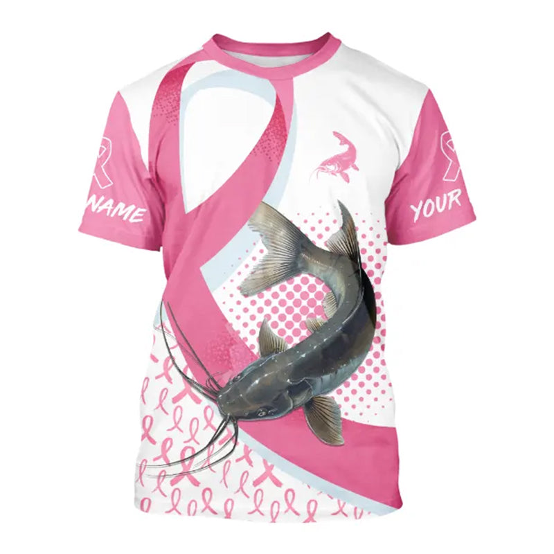 Pink ribbon pattern Catfish fishing Breast Cancer Custom sun protection long sleeves fishing shirts NQS9761