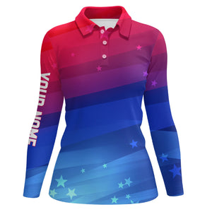 Womens golf polo shirts custom Red and blue gradient stars pattern patriotic golf clothing for women NQS7929