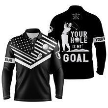 Load image into Gallery viewer, Black Mens golf polo shirt white American flag custom name your hole is my goal funny golf team shirt NQS3672