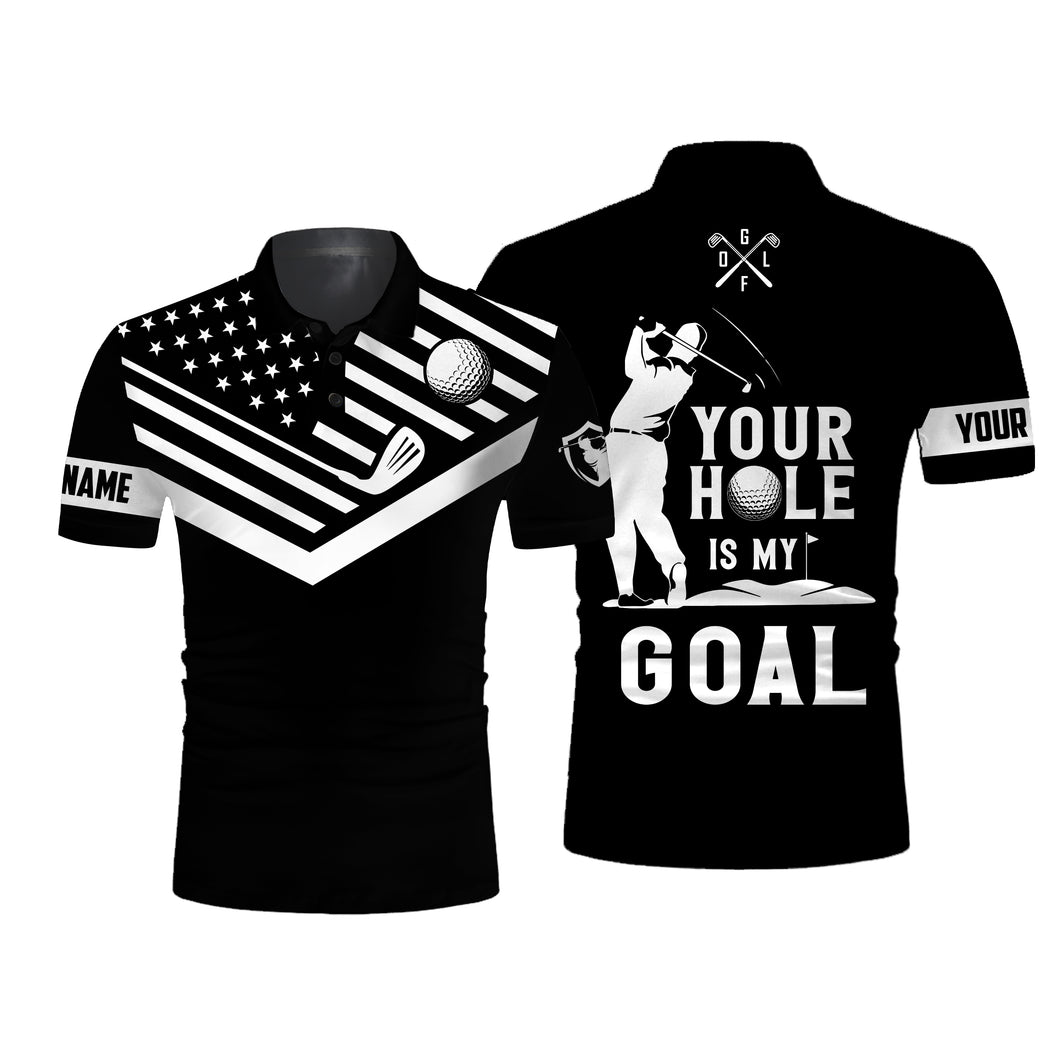 Black Mens golf polo shirt white American flag custom name your hole is my goal funny golf team shirt NQS3672