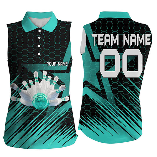 Turquoise Bowling Shirt For women Custom sleeveless polo Bowling Jersey 3D Bowling Team Shirt For women NQS6224