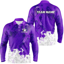 Load image into Gallery viewer, Personalized Purple Ribbons Pattern Bowling Shirts For Men, Custom breast cancer bowling shirts NQS8348