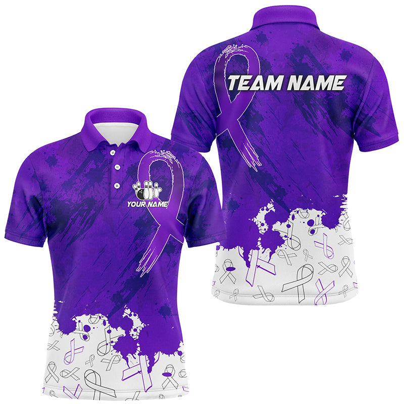 Personalized Purple Ribbons Pattern Bowling Shirts For Men, Custom breast cancer bowling shirts NQS8348