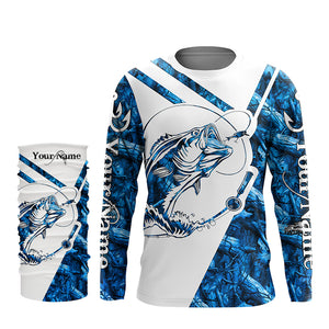 Largemouth Bass Fishing blue camo UV protection Custom name long sleeves fishing shirts NQS900