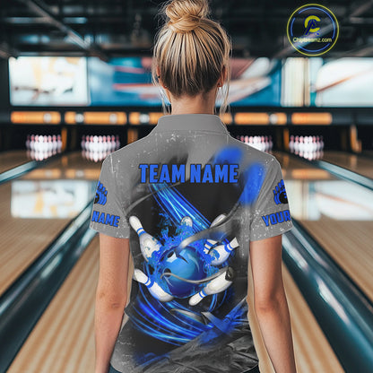 Blue Sugar Skull Tattoo Custom Women Bowling Polo, Quarter Zip Shirts,Team Bowling Jerseys NQS10947
