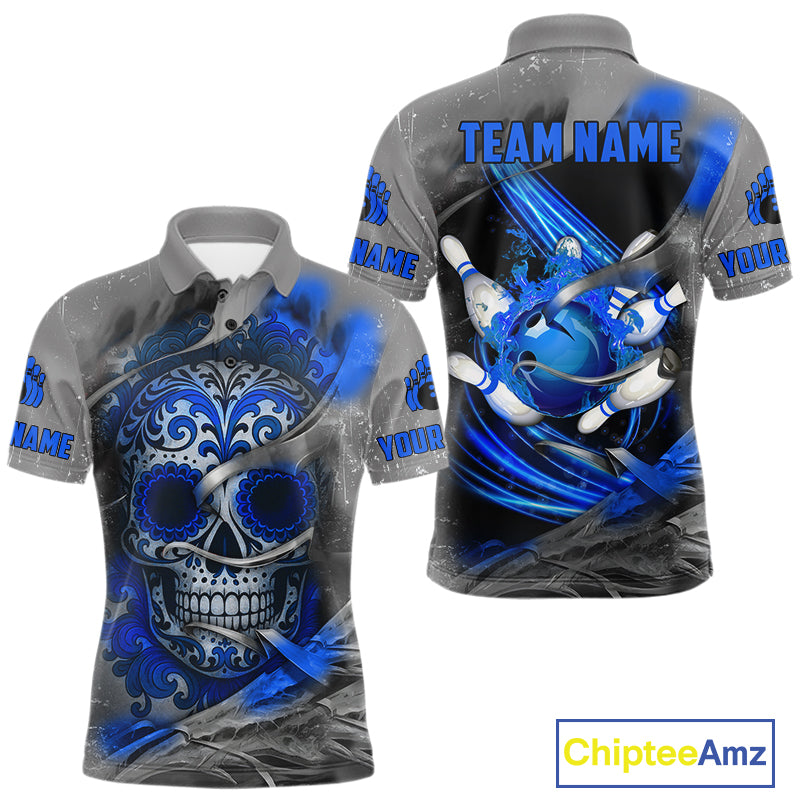 Blue Sugar Skull Tattoo Custom Mens Bowling Polo, Quarter Zip Shirts,Team Bowling Jerseys NQS10947