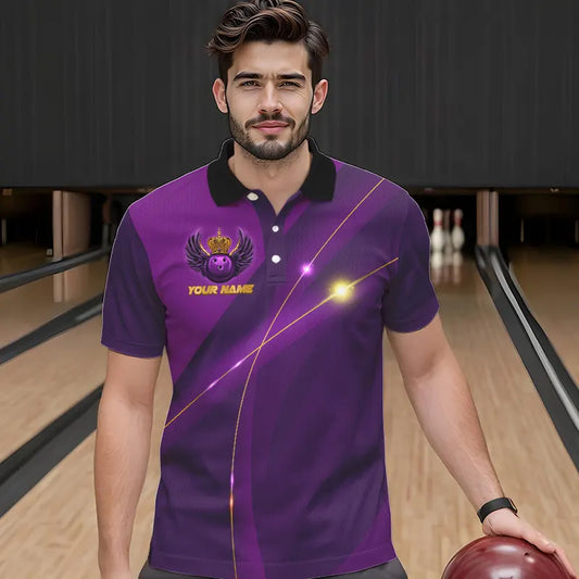 Purple and Gold Crown Bowling ball wings Bowling Shirts For Men Custom Bowling Team Outfits NQS9445