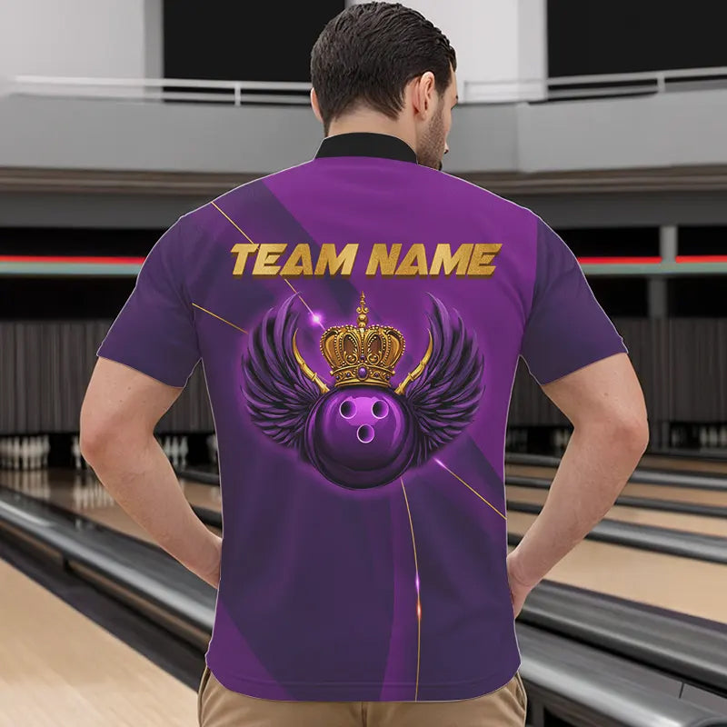 Purple and Gold Crown Bowling ball wings Bowling Shirts For Men Custom Bowling Team Outfits NQS9445