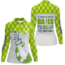 Load image into Gallery viewer, Women golf polo shirt It takes a lot of balls to golf custom green argyle pattern golf shirt for women NQS5574