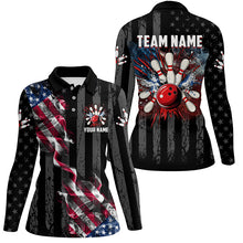 Load image into Gallery viewer, Black American flag smoke Women Bowling Polo, Quarter Zip shirt Custom Patriotic Team Bowling Jersey NQS7689