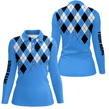 Load image into Gallery viewer, Womens golf polo shirt plus size blue argyle plaid golf skull pattern custom ladies blue golf tops NQS6018