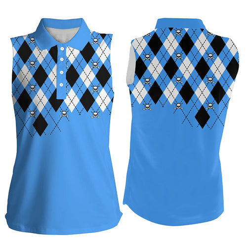 Women Sleeveless polo shirt plus size blue argyle plaid golf skull pattern ladies blue golf tops NQS6018