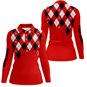 Womens golf polo shirt plus size red argyle plaid golf skull pattern custom ladies red golf tops NQS6019