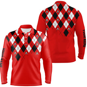 Mens golf polo shirt plus size red argyle plaid golf skull pattern custom name mens red golf tops NQS6019