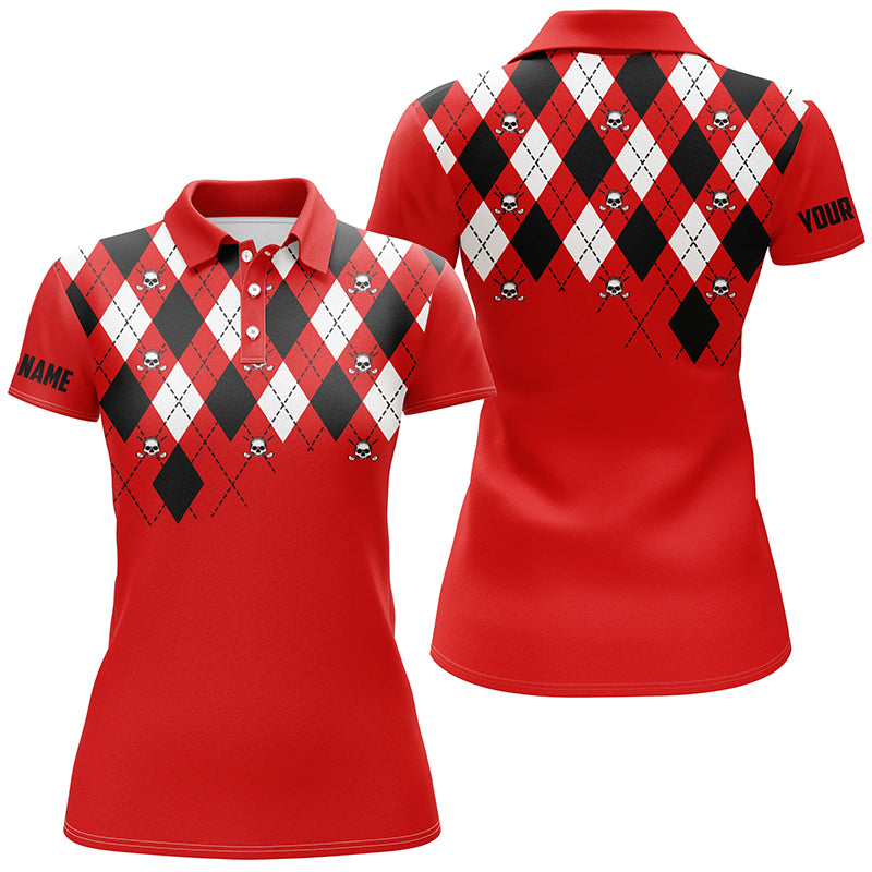 Womens golf polo shirt plus size red argyle plaid golf skull pattern custom ladies red golf tops NQS6019