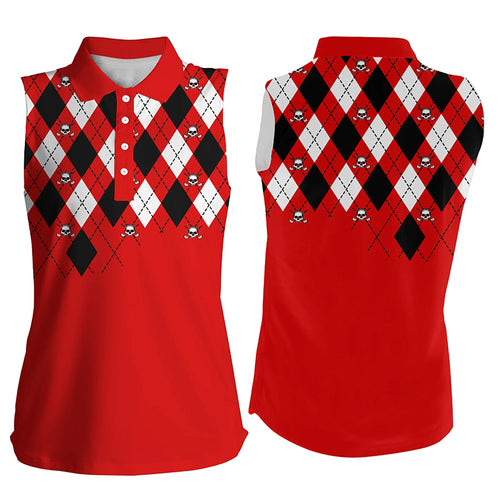 Women Sleeveless polo shirt plus size red argyle plaid golf skull pattern ladies red golf tops NQS6019