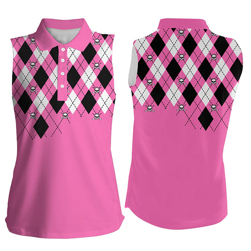 Women Sleeveless polo shirt plus size pink argyle plaid golf skull pattern ladies pink golf tops NQS6020