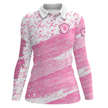 Load image into Gallery viewer, Women golf polo shirt custom white and pink ribbon pattern Breast Cancer awareness ladies golf attire NQS8125