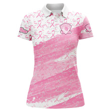 Load image into Gallery viewer, Women golf polo shirt custom white and pink ribbon pattern Breast Cancer awareness ladies golf attire NQS8125