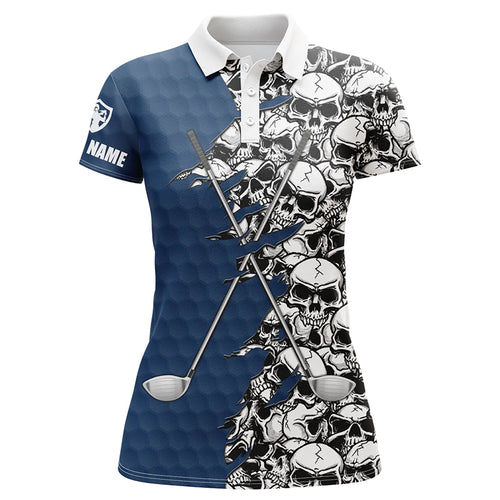 Womens golf polo shirts custom blue pattern skull golf clubs, skull golf performance shirts NQS6237