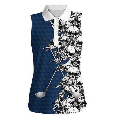 Women sleeveless polo shirt blue pattern skull golf clubs, skull pattern golf performance shirts NQS6237