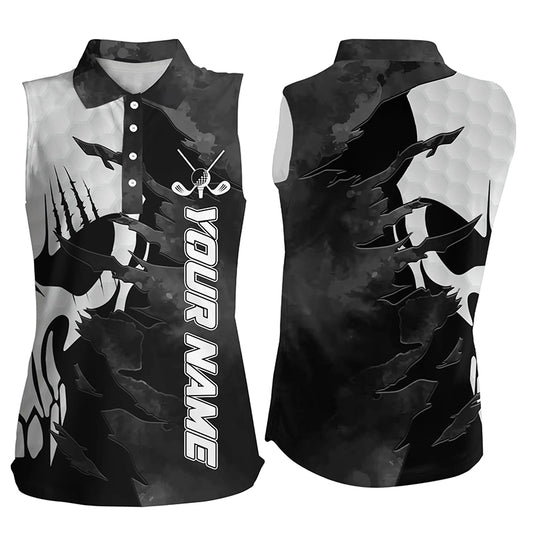Black white Women sleeveless polo shirt custom golf skull shirts for ladies, personalized golf gifts NQS6238