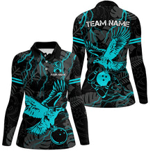 Load image into Gallery viewer, Black tropical Cyan Blue Eagle Bowling Polo, 1/4 Zip Shirts For Women, cool bowling team jerseys NQS8360