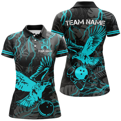 Black tropical Cyan Blue Eagle Bowling Polo, 1/4 Zip Shirts For Women, cool bowling team jerseys NQS8360