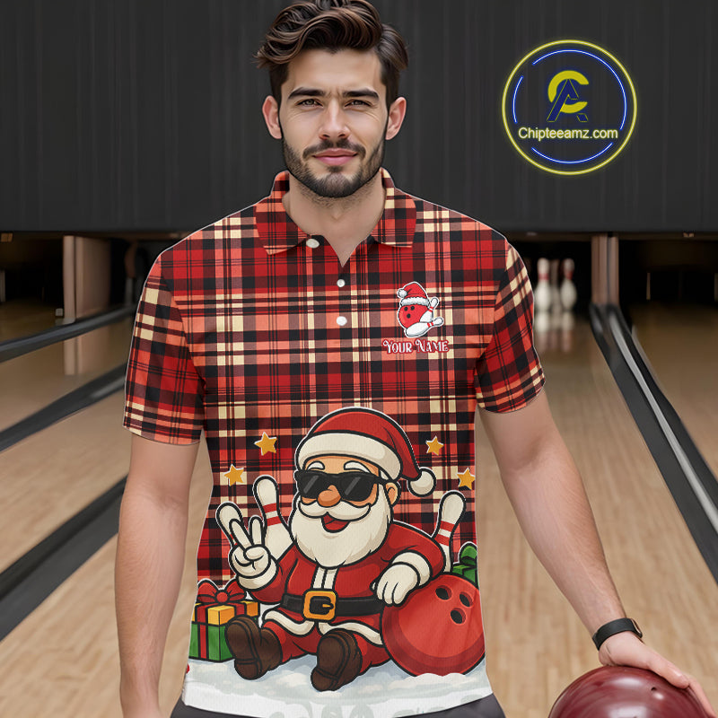Funny Santa Christmas Bowling Polo, Quarter Zip shirts for men Custom Red Plaid bowling jerseys men NQS10957