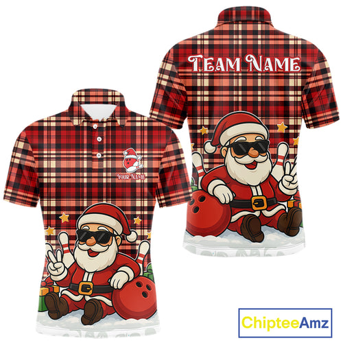 Funny Santa Christmas Bowling Polo, Quarter Zip shirts for men Custom Red Plaid bowling jerseys men NQS10957