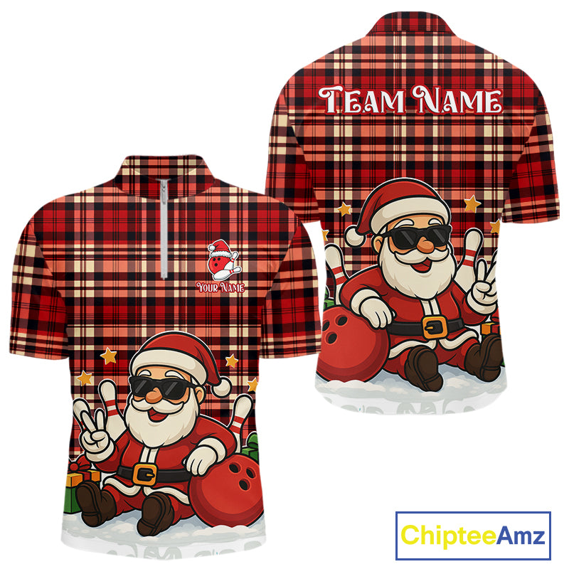 Funny Santa Christmas Bowling Polo, Quarter Zip shirts for men Custom Red Plaid bowling jerseys men NQS10957