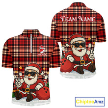 Load image into Gallery viewer, Funny Santa Christmas Bowling Polo, Quarter Zip shirts for men Custom Red Plaid bowling jerseys men NQS10957