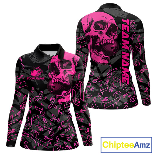 Black Skull camo pink ribbon pattern breast cancer bowling shirt for Women custom bowling team jersey NQS11549