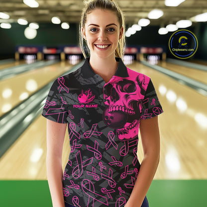 Black Skull camo pink ribbon pattern breast cancer bowling shirt for Women custom bowling team jersey NQS11549