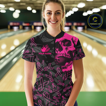 Black Skull camo pink ribbon pattern breast cancer bowling shirt for Women custom bowling team jersey NQS11549