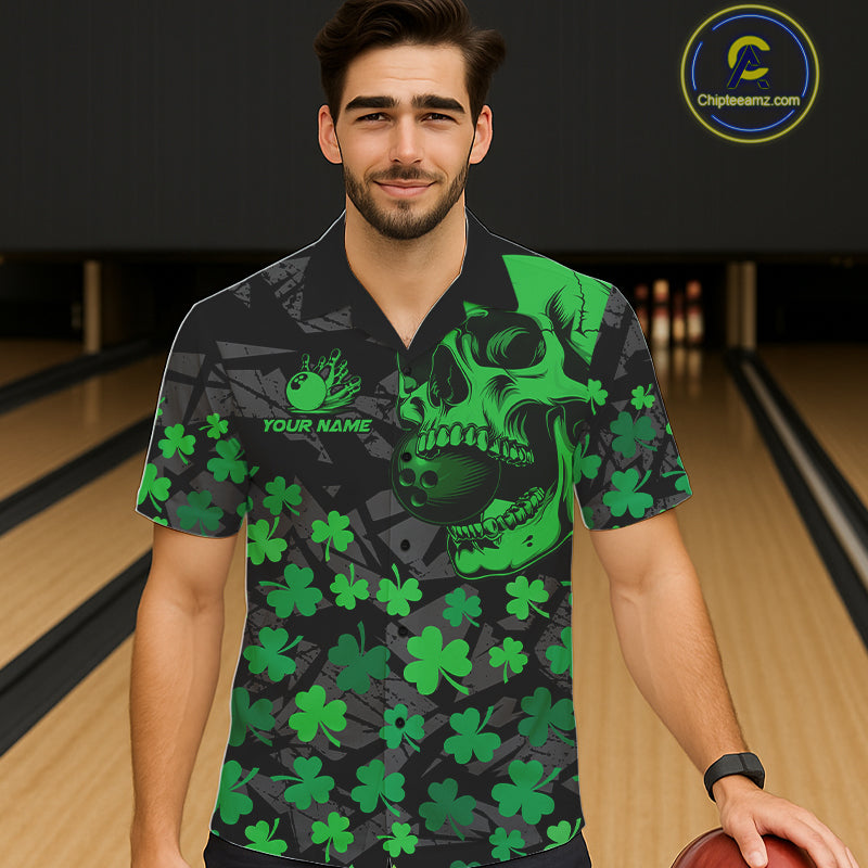 Black Skull camo Green Shamrock pattern St Patrick bowling Hawaiian Shirt custom bowling team jersey NQS11550