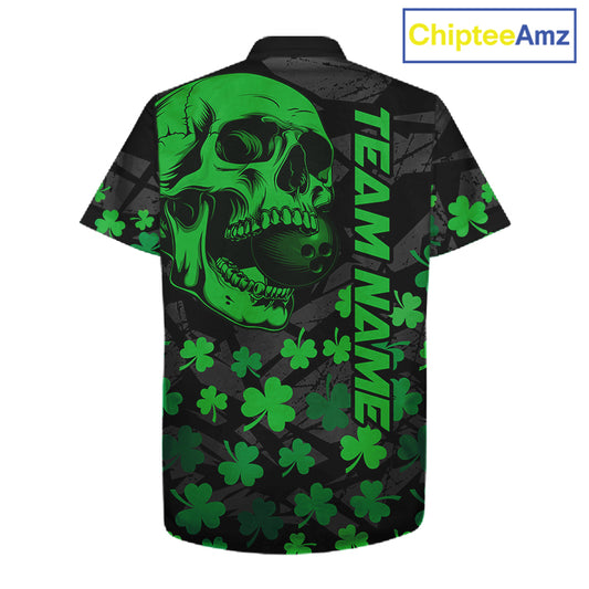 Black Skull camo Green Shamrock pattern St Patrick bowling Hawaiian Shirt custom bowling team jersey NQS11550