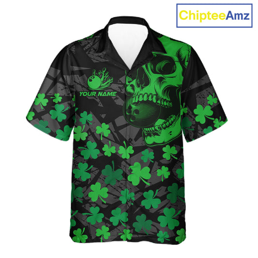 Black Skull camo Green Shamrock pattern St Patrick bowling Hawaiian Shirt custom bowling team jersey NQS11550
