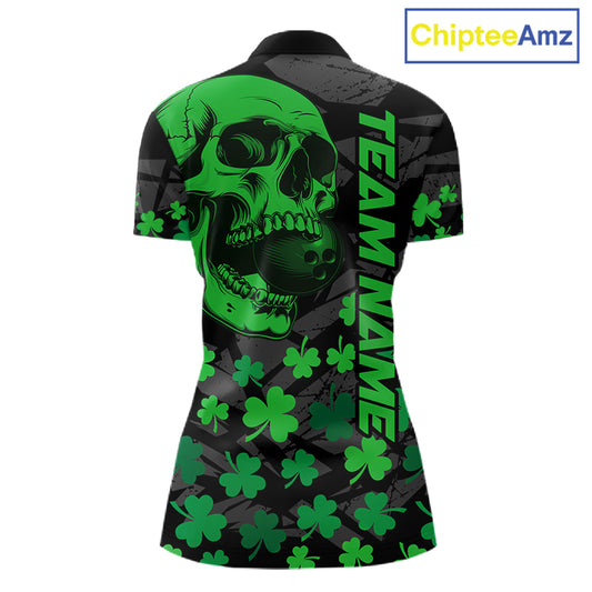 Black Skull camo Green Shamrock pattern St Patrick bowling shirt for Women custom bowling team jersey NQS11550