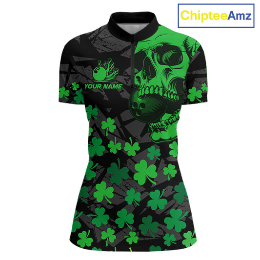Black Skull camo Green Shamrock pattern St Patrick bowling shirt for Women custom bowling team jersey NQS11550