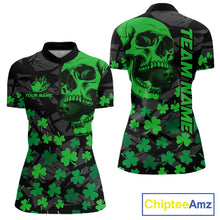 Load image into Gallery viewer, Black Skull camo Green Shamrock pattern St Patrick bowling shirt for Women custom bowling team jersey NQS11550