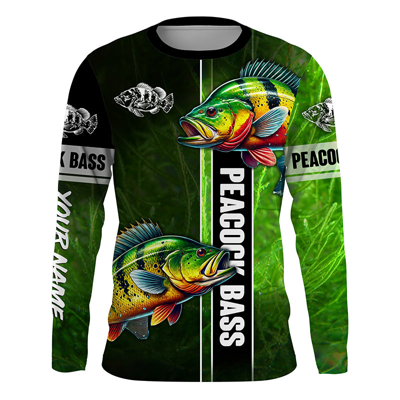 Peacock bass fishing green shirt Custom Long Sleeve Fishing Shirts, fishing gifts for men, women, kid NQS4804