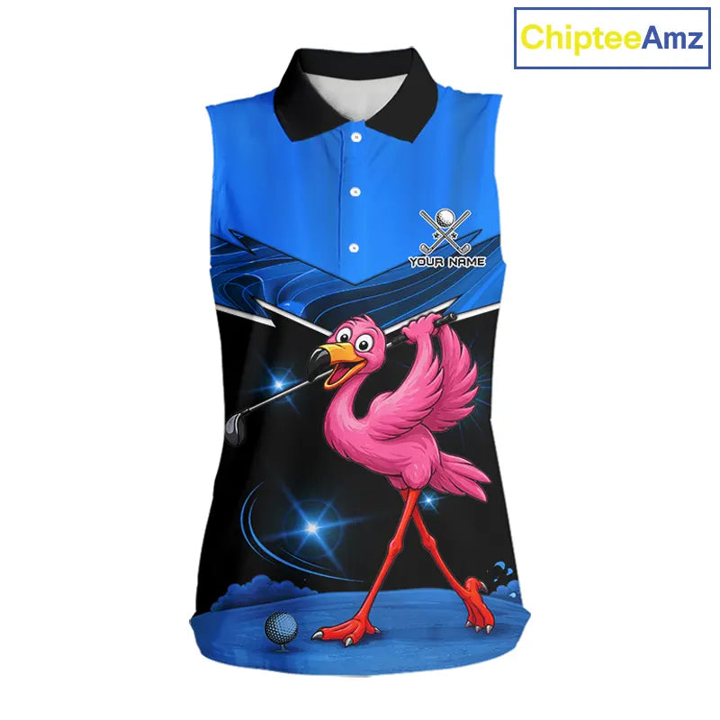 Funny Flamingo Blue Sleeveless Golf Shirt Custom Flamingo Team ladies golf tops, funny golf gifts NQS11676