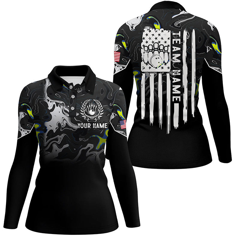 Black white camo Women bowling polo shirt Custom American flag patriotic bowling team league jerseys NQS7367