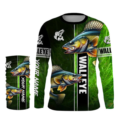 Walleye Fishing green camo Customize Name Long Sleeve Fishing Shirts, fishing gift for men, women, kid NQS1726