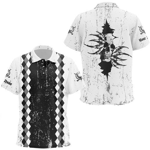 Kid golf polo shirts custom black and white grunge argyle pattern skull golf outfits for Kid NQS7698